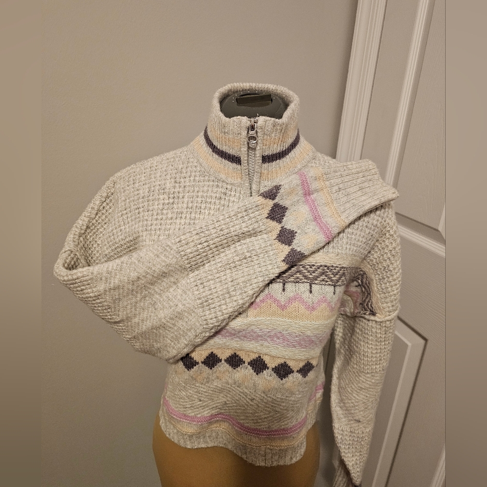 Sugar Moon Cozy Quarter Zip Cream and Mutliolor Crop Women's Sweater Sz M - Picture 3 of 7